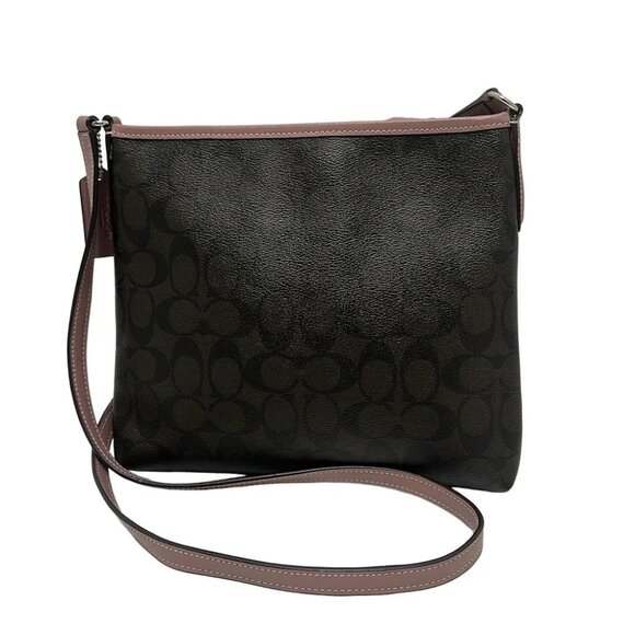COACH Signature Zip File Crossbody F29210 Dark Brown Pink Beige PVC Leather - Picture 3 of 8